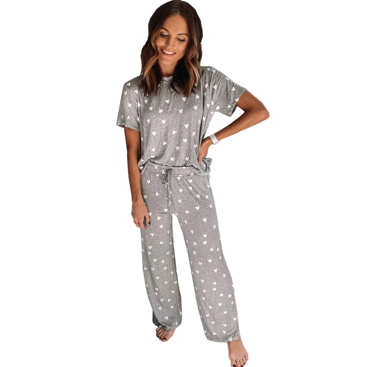 

Women Plaid Pajamas Sets with Pants Short Sleeve O Neck T-Shirt Pyjama Casual Square Check Print Top+Long Pants Pijama Set