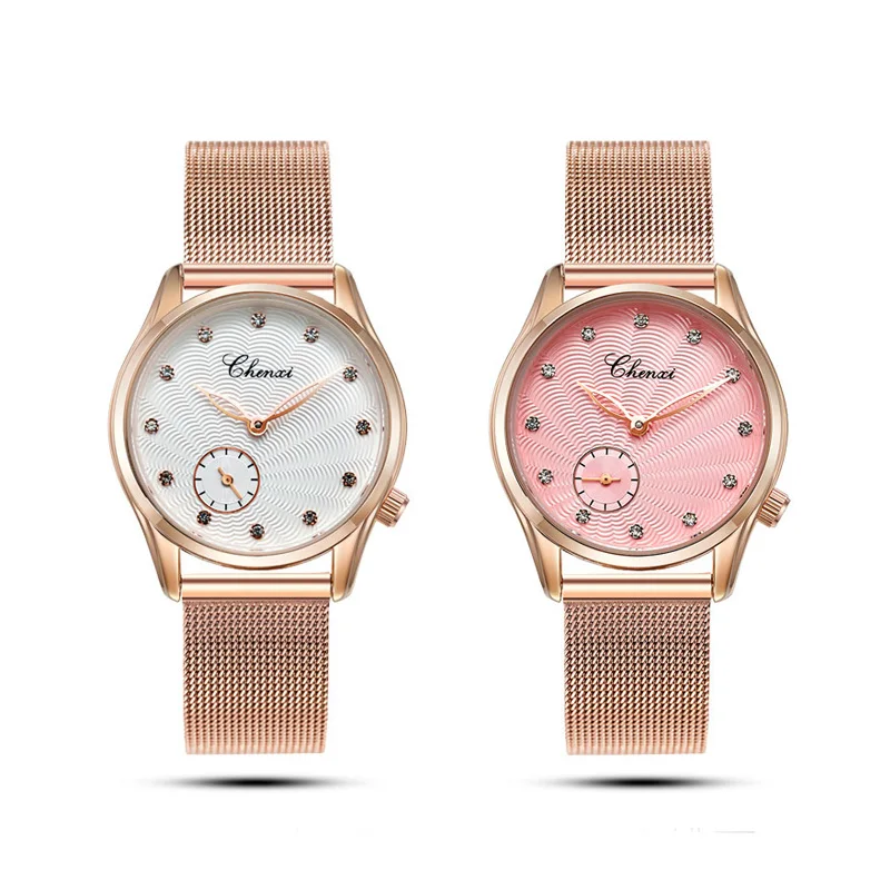 CHENXI 2018 Модные женские нарядные часы розового золота Стразы Белый минимализм