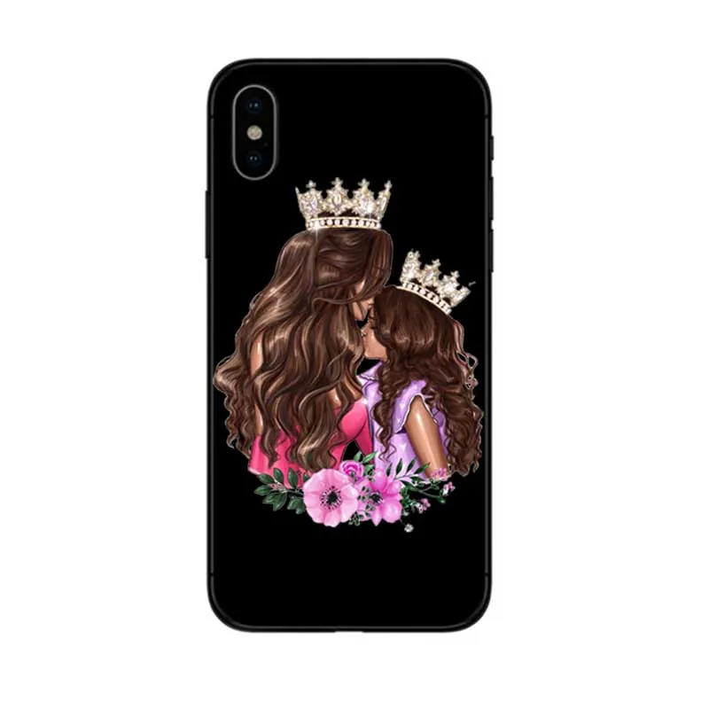 Черный коричневый волос для мамы и девочки королева 01 чехол iPhone X XS Max XR 8 7 6 6s Plus 5 5S
