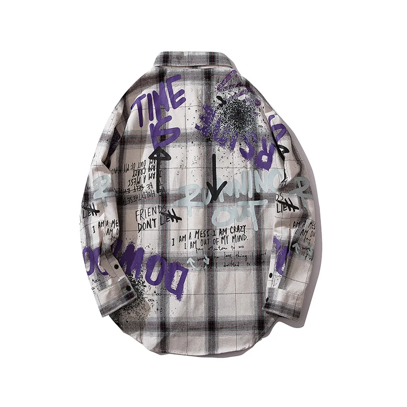 

PYJTRL Autumn Plaid Shirt Graffiti Men's Street Fashion Loose Left And Right Color Matching Long Sleeve