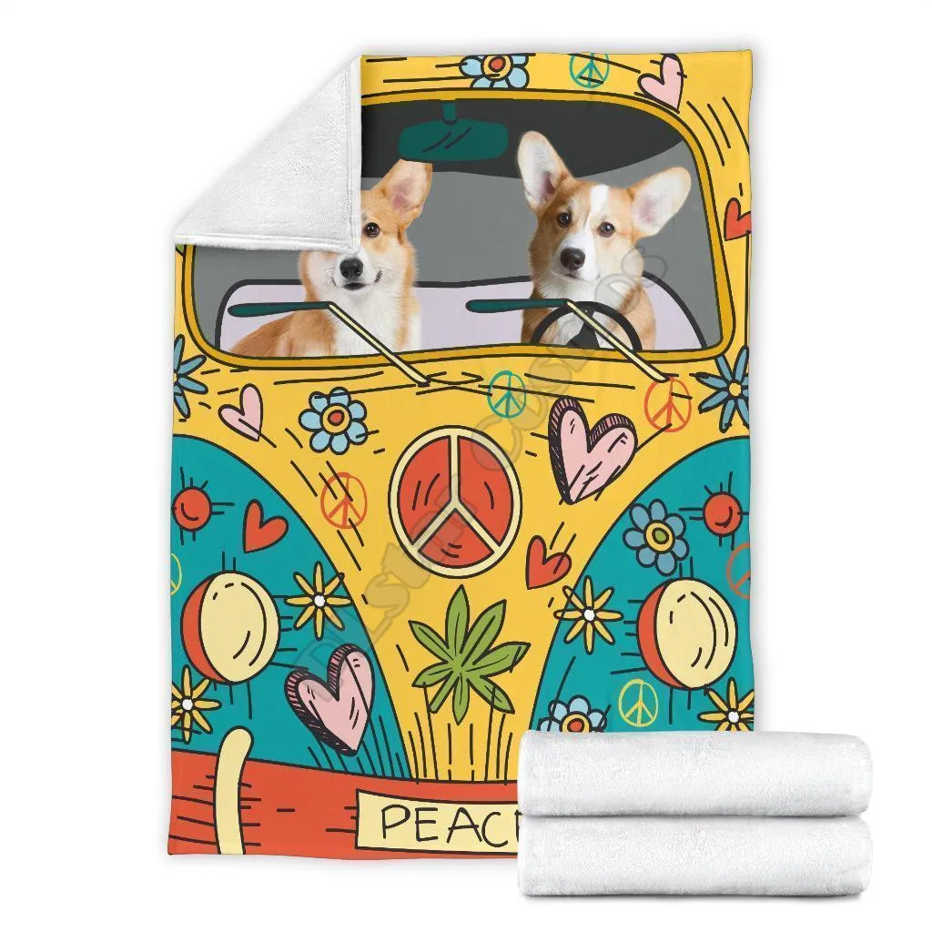 

Hippie van corgi dog fleece blanket 3d printed Sherpa Blanket on Bed Home Textiles HOME ACCESSORIES