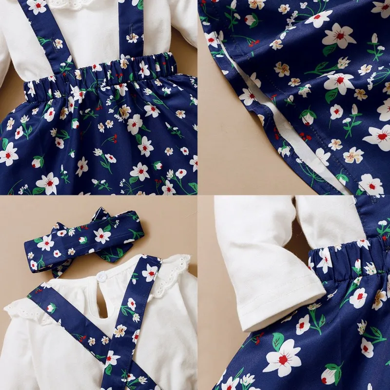

Spring Summer Infant Baby Girl Skirts Dress Set Long Sleeve Solid Romper Floral Print Strap Skirt and Headband Casual Outfits