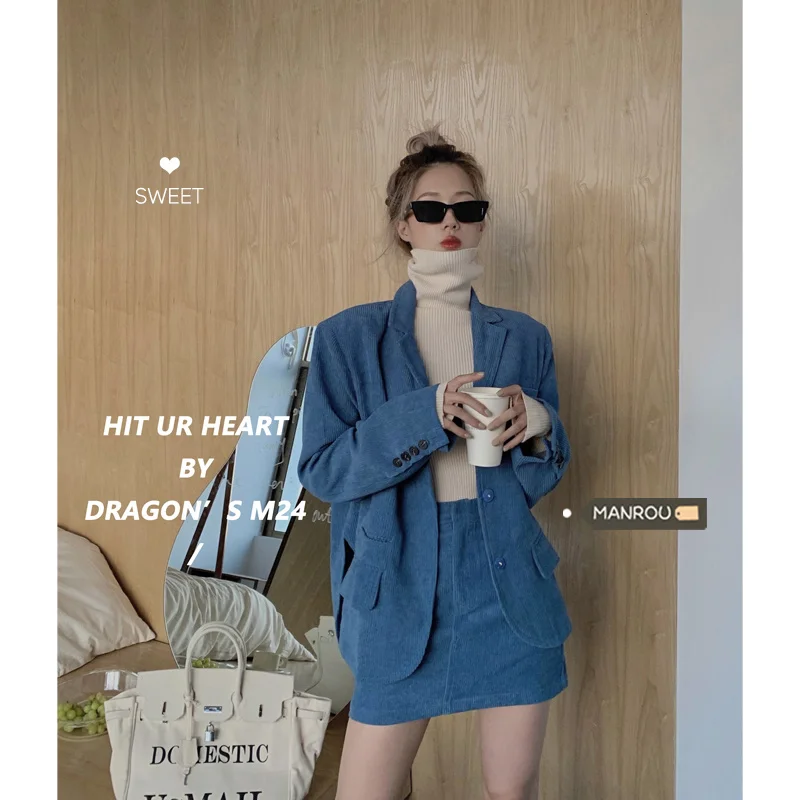 

Вельветовый женский костюм, пальто, Новинка весна-осень 2021, юбка с высокой талией, модный костюм из двух предметов для снижения возраста