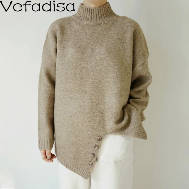 Vefadisa Осенний Женский Повседневный Однотонный свитер с декоративными пуговицами