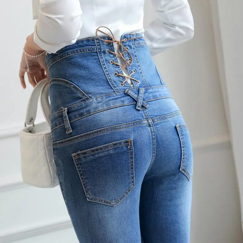 Осенне-зимние джинсы женские Стрейчевые с высокой талией обтягивающие узкие