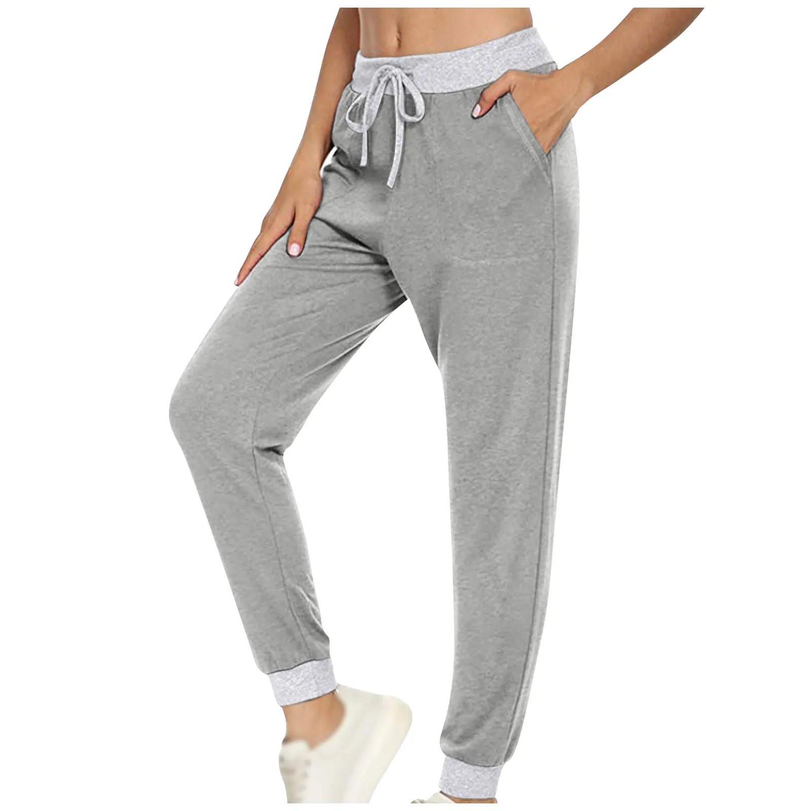 

Women's Pants Casual Sports Versatile Solid Elastic Waist Trousers Pocket Multi Panel Drawstring Loose Workout Pants Females