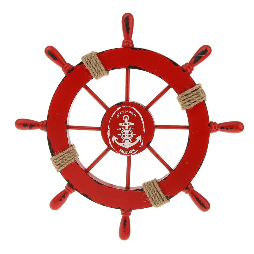 

28CM Wooden Mediterranean Style Boat Rudder Timoneer Accessory Home Wall Pendant Decor (Red)