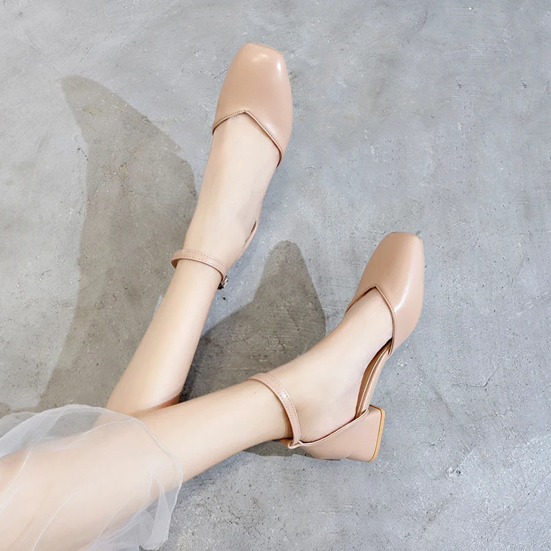 

2021Summer Women's Sexy High Heels Solid Color Round Toe Square heel women high heels Breathable sexy prom wedding shoes Leather