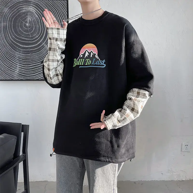 

2021 spring new fake two piece sweater Korean loose trend versatile coat fashion Kpop Holiday Preppy Style Smart Casual Hip Hop