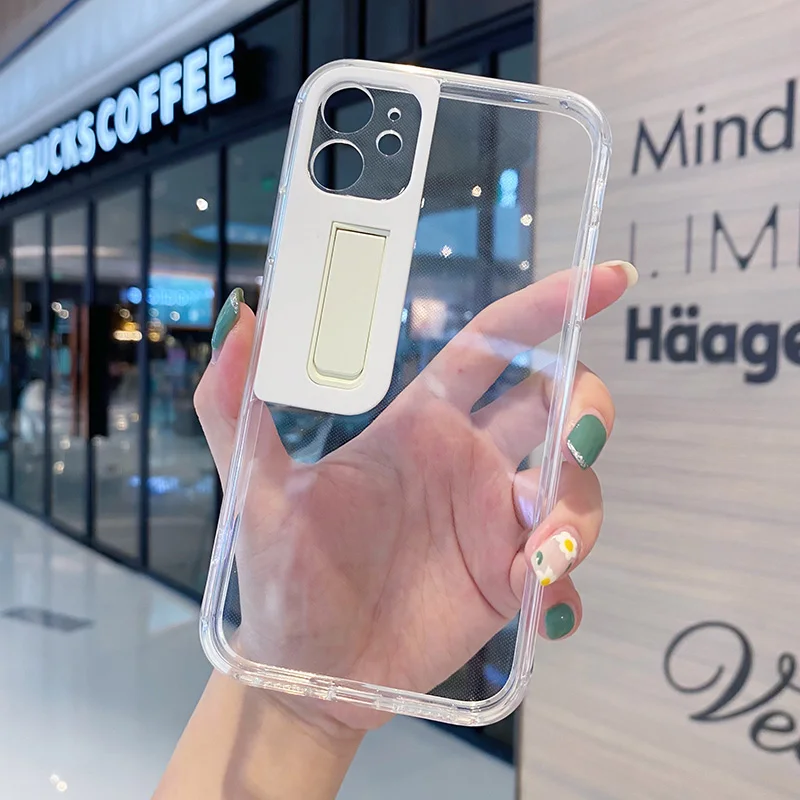 

For iPhone 12 Pro Max Stand Holder Phone Case for iPhone 11 Pro X Xs Xr 7 8 Plus Transparent Shockproof Bracket Case Cover Funda