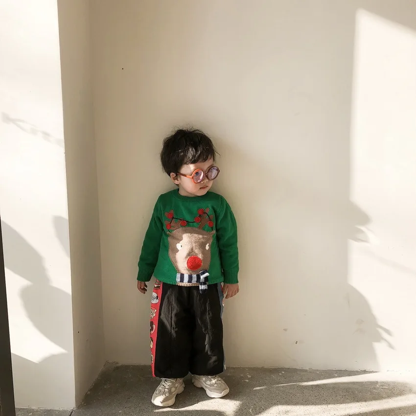 Tonytaobaby/зимняя одежда; Новинка; детская одежда для мальчиков и девочек; милый плотный свитер с зеленым оленем; Рождественская одежда для малышей