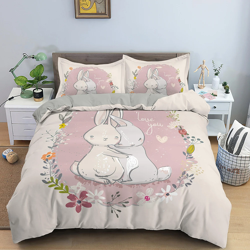 cartoon rabbit bunny bedding set for kids girl children polyester duvet cover set quilt cover with pillowcase comforter bedding free global shipping