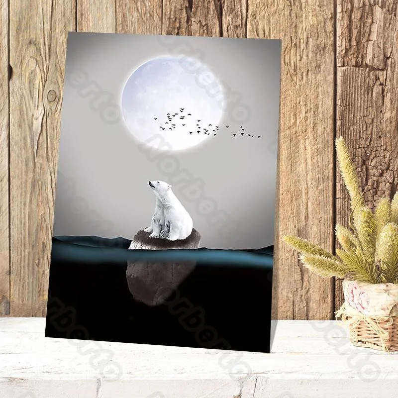 

Canvas Painting Wall Poster Minimalist Picture The Puppy Sitting On The Rock Looks At The Bright Moon for Home Room Decoration