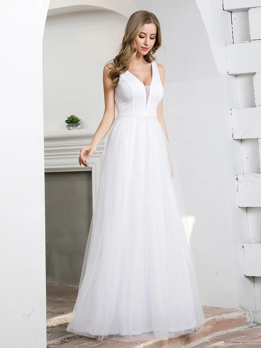 

YILIBER Wedding dress sleeveless v-neck simple wedding gown atmosphere backless sequins plus size bridal dresses