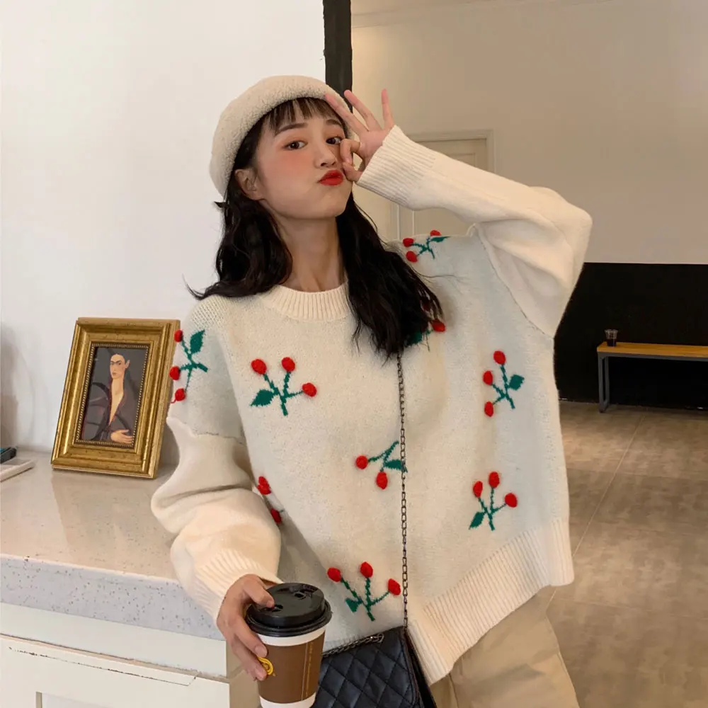 

Женский свитер с цветочным принтом, повседневный трикотажный пуловер с длинным рукавом и круглым вырезом, топы с объемным рисунком вишни, м...