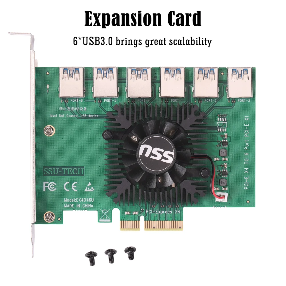 

PCI-E 4X to USB3.0 Adapter Card PCI Express 20Gb 1 to 6 Riser Extender with 6 Set Cable Desktop Computer Expansion Board