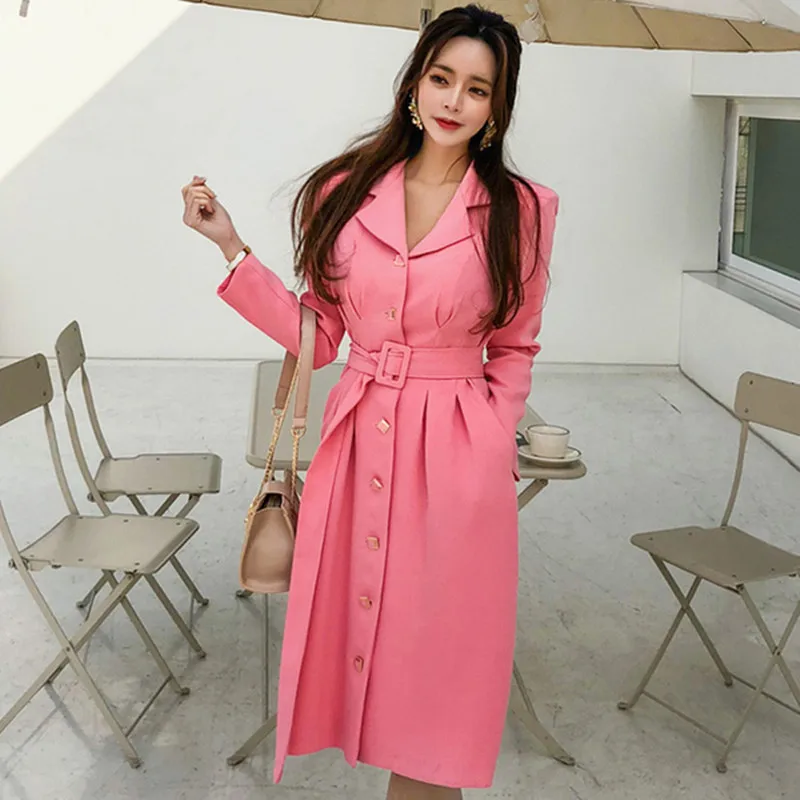 Корейский Новый 2019 женский розовый элегантный длинный плащ пальто шикарная