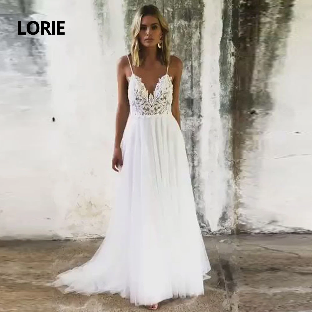 

LORIE Spaghetti Straps Boho A-line Soft Tulle with Lace Appliqued Wedding Dresses 2020 Sexy Backless V-Neck Beach Bridal Gown