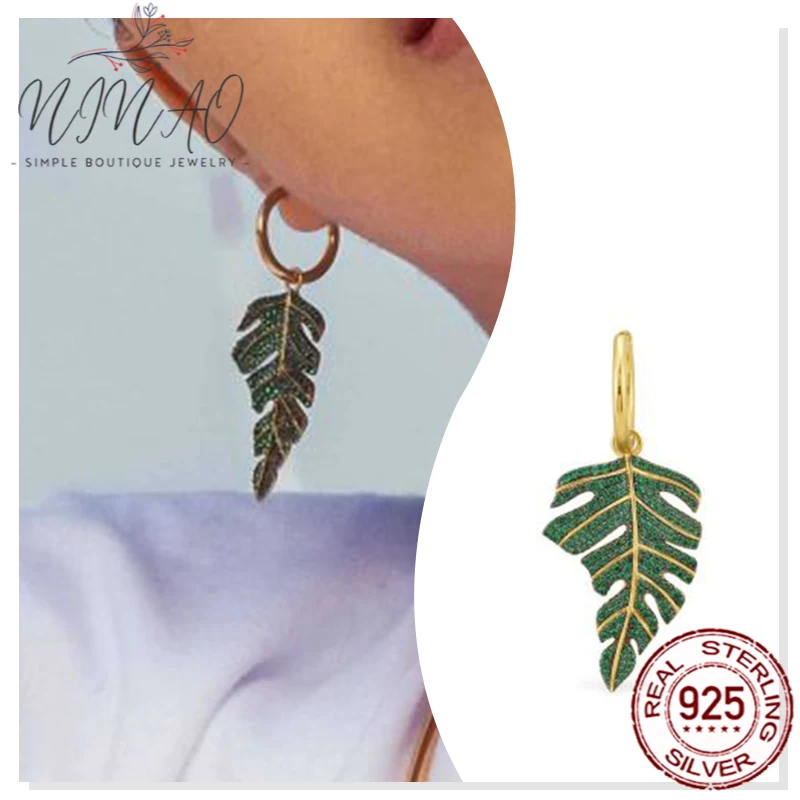 

925 Sterling Silver Zircon Single Green Tropical Plant Earring for Girls Holiday Gifts Luxury Fashion Party Elegant Boutique