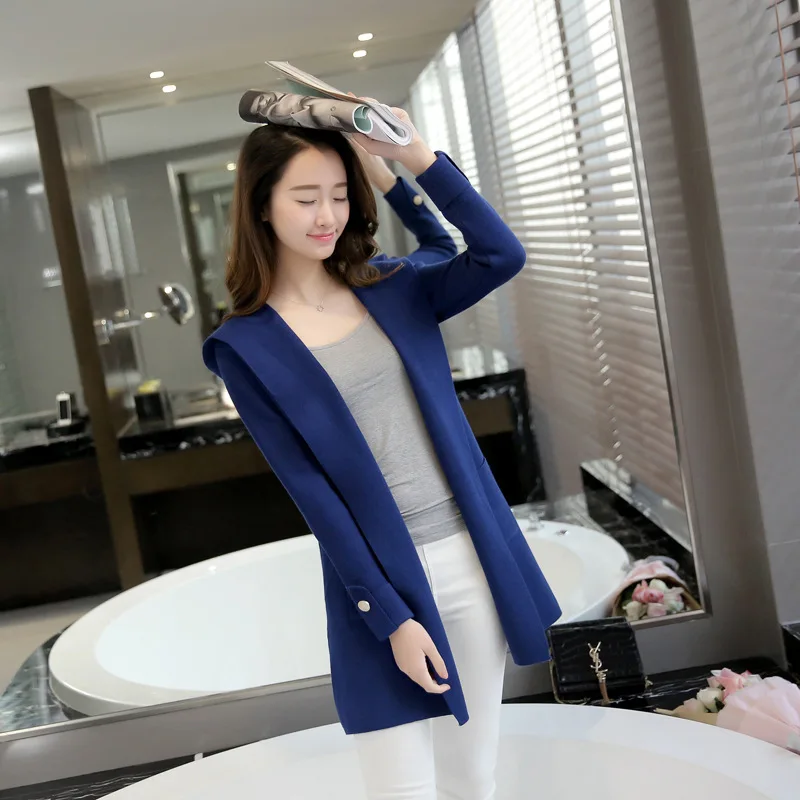 Свободный Женский вязаный кардиган с капюшоном свитер длинный шерстяной Тренч