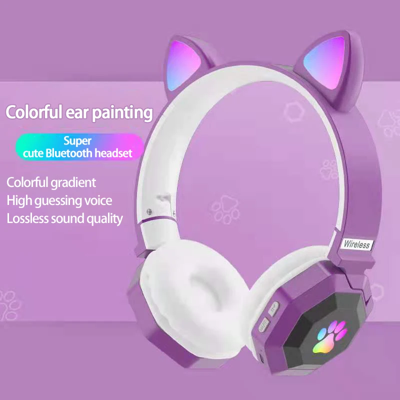 

Flash Light Cute Cat Ears Head-mounted Wireless Bluetooth Headset 5.0 Stereo Music Sports Game Headphone With Microphone