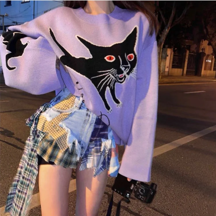 

2021 autumn and winter new purple women's lazy wind loose large Pullover Sweater Top Medium Length outer wear