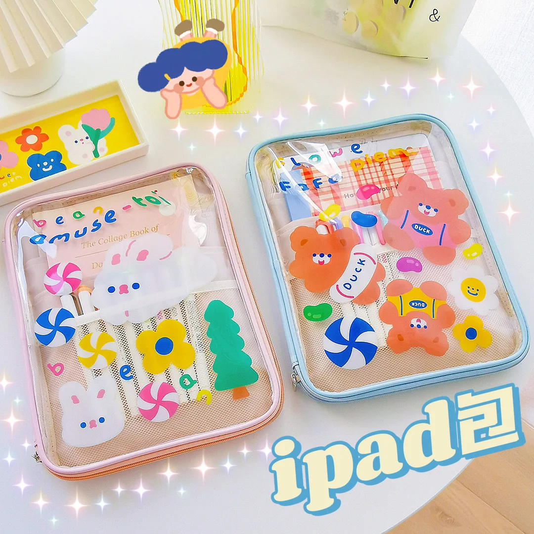 

2021 New Summer Women Cartoon Bear Transparent iPad Bag Handbag Girls Pen Holder Organizer 9.7 10.5 11 inch Mac Laptop Case