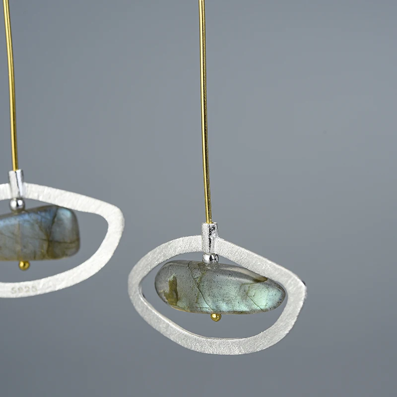 Lotus весело Настоящее серебро 925 проба Натуральный Лабрадорит Fine Jewelry вращающийся глаза мира длинные Длинные Висячие серьги для Для женщин