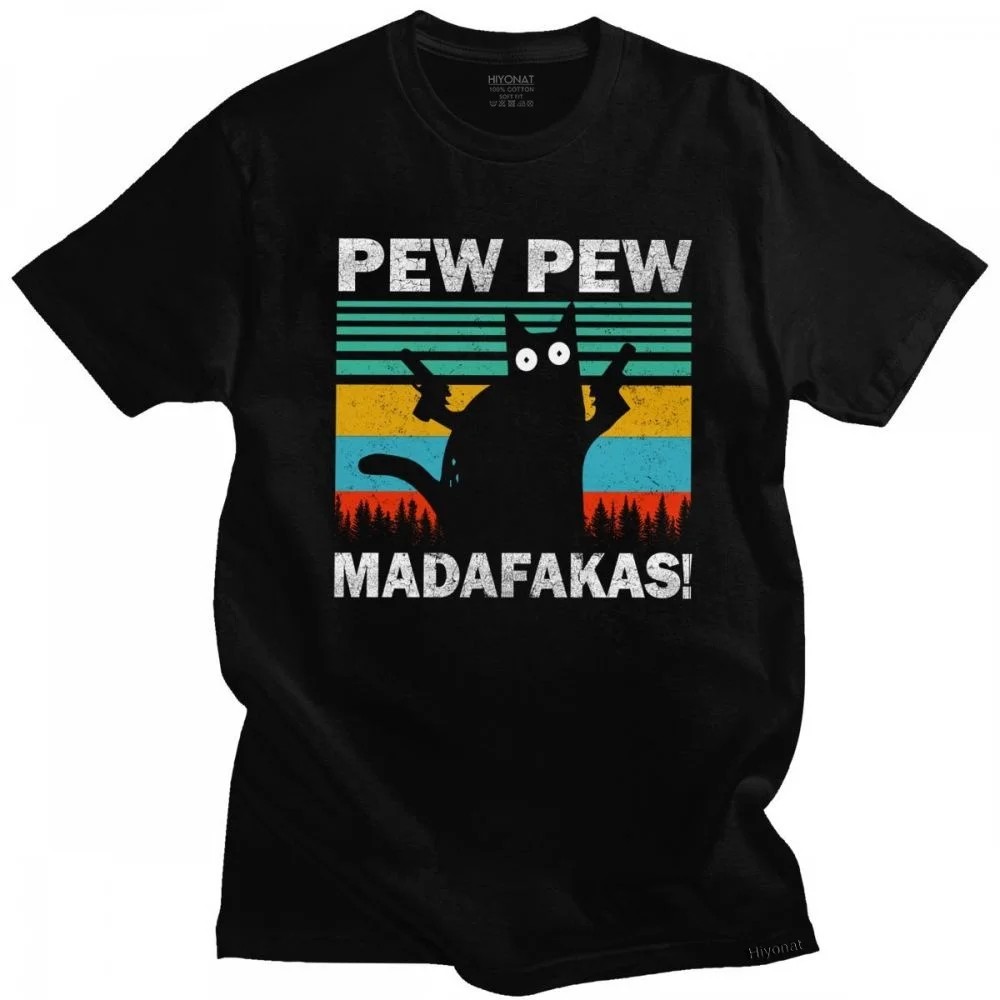 

2020 Funny Pew Pew Madafakas T Shirt for Men Short Sleeve Vintage Funny Cat Owners Tshirt 100% Cotton T-shirt Fashion Tee Gift