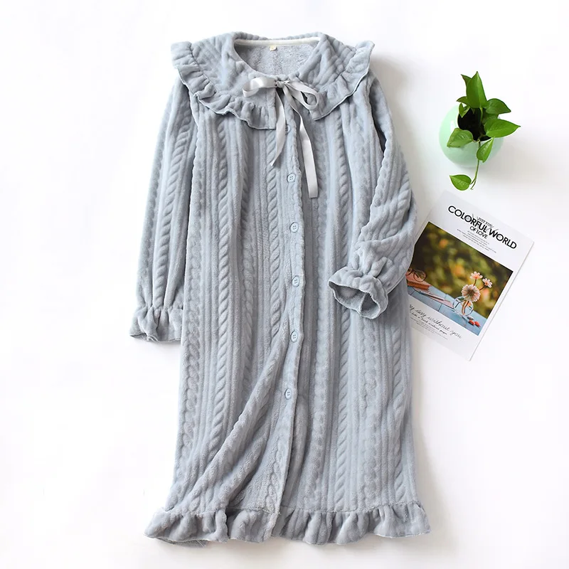 Fdfklak Flannel Nightdress Long Sleeping Dress Autumn Winter New Night Wear Sleepwear Womens Nighties Pink Long Nightgown