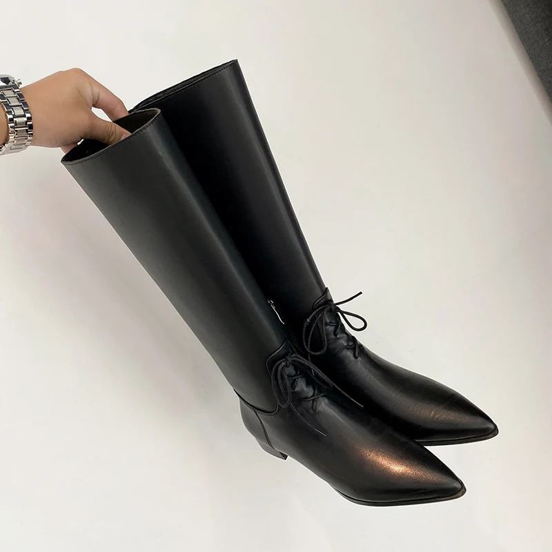 

QZYERAI New Winter Women High-end Long Genuine Leather Modern Boots All-match Black Knight Boots Rome Boots Horse Shoes