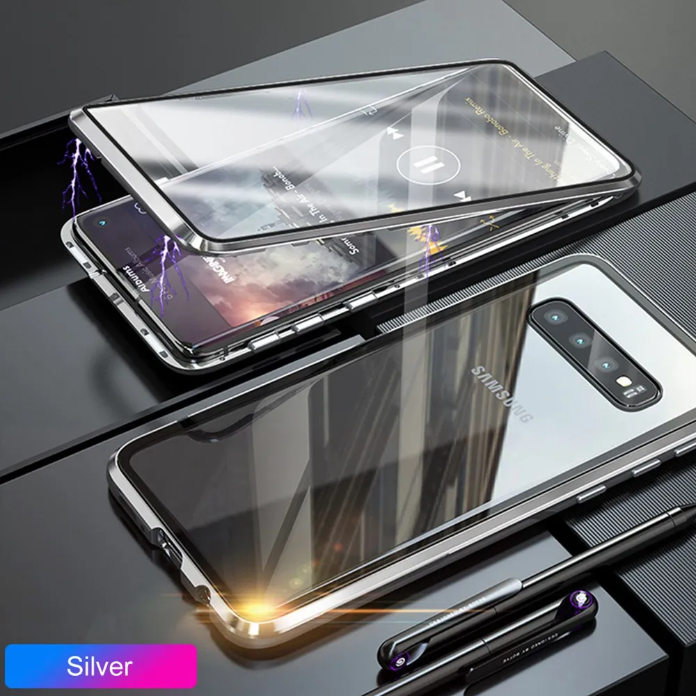 360 полностью металлический флип-чехол для samsung Galaxy S10E, Магнитный чехол, переднее и заднее закаленное стекло, samsung S10E Galaxy ys10e, чехол - Цвет: Silver Double Glass