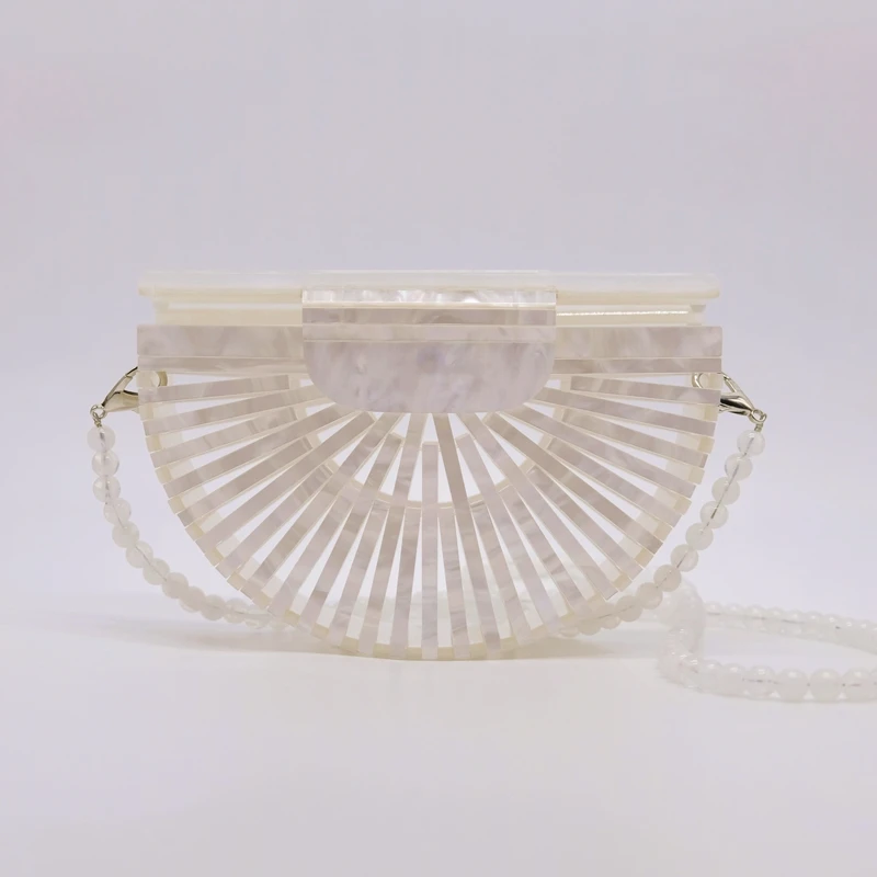 White-beads Стильная новая женская акриловая вечерняя сумка, соломенные сумки, плетеная пляжная сумка на плечо из ротанга, сумка через плечо, Женская богемная Сумочка-клатч - Цвет: White-beads