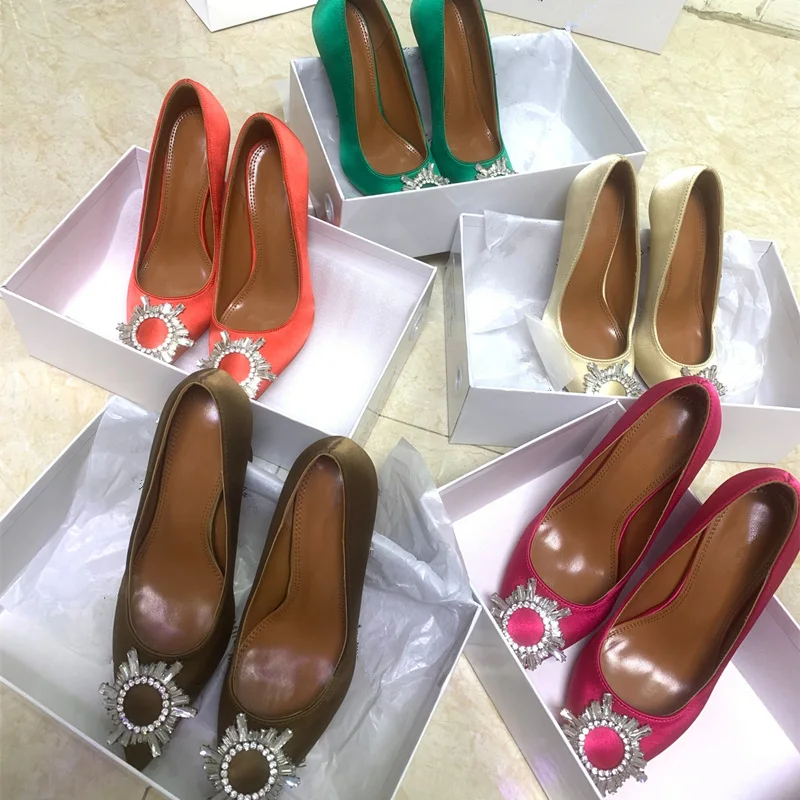 

Женские атласные туфли на высоком каблуке, туфли в европейском и американском стиле со стразами и пряжкой от солнца, 2021