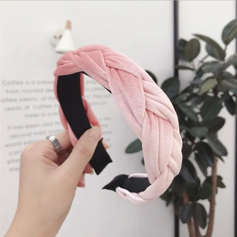 Fashion hair accessories women's gold velvet fabric twist braid wide-angle light headband headband wild girl hair band Headwear - Цвет: light pink