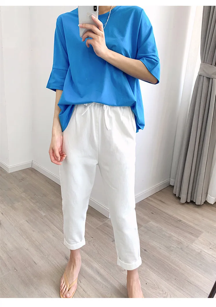 

White Black Gray Women Trousers Elastic Waist Female Casual 2020 New Lace-up Ankle-length Pants with Pockets