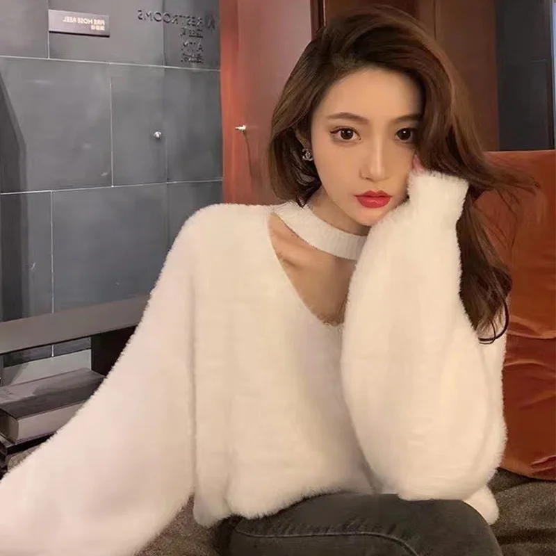 

Женский мохеровый свитер с V-образным вырезом, новинка весны 2021, модный вязаный Топ свободного кроя из меха норки и бархата