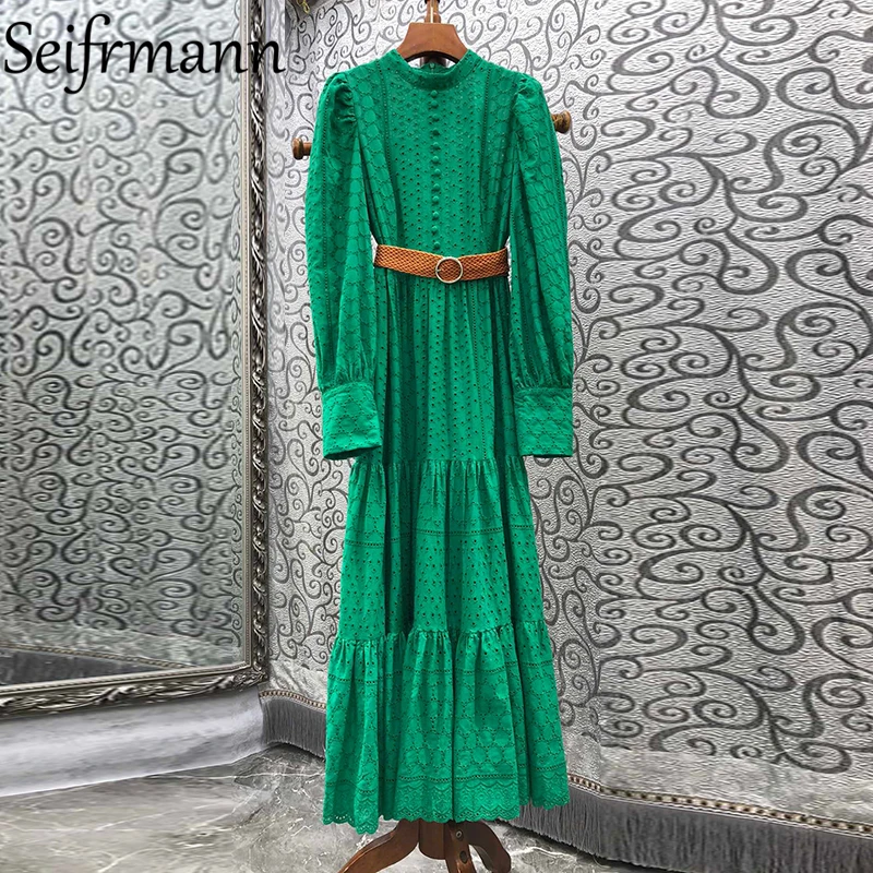 

Seifrmann New 2021 Autumn Women Fashion Designer Party Long Dress Lantern Sleeve Sashes Single Breasted Hollow Out Loose Dresses