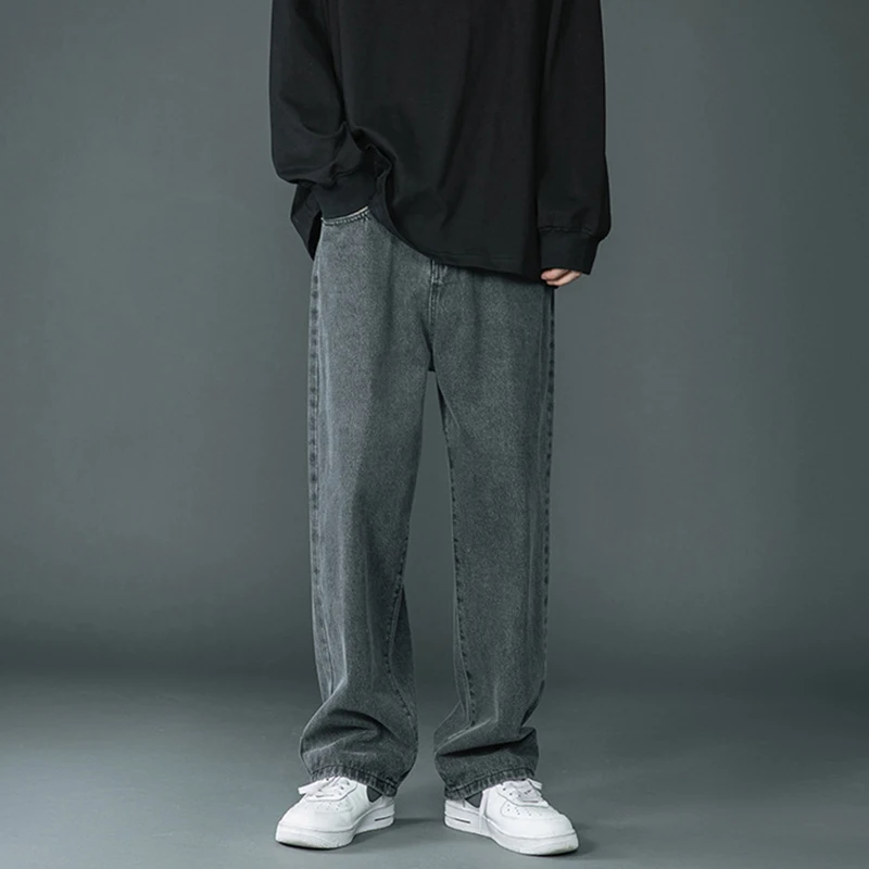 

Streetwear Casual Loose Straight Autumn JeansMens Mid Waist Denim Pants All-match Fashion Solid Denim Trousers For Men Harajuku