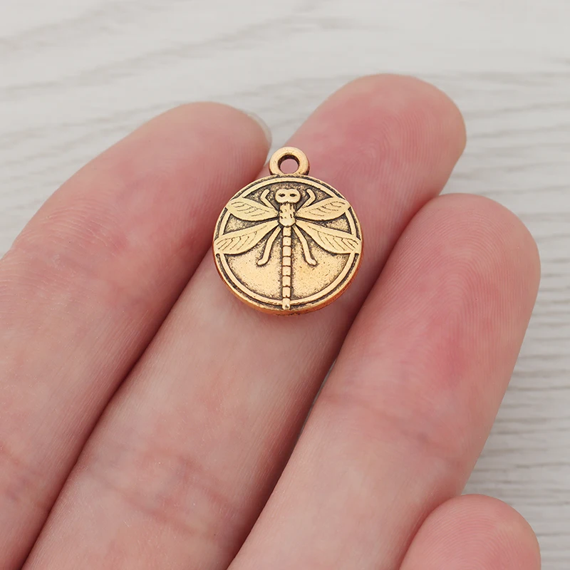 

15 x Antique Gold Color Round Dragonfly Charms Double Sided Pendants For Fashion Jewelry Necklace Earring Making 15mm