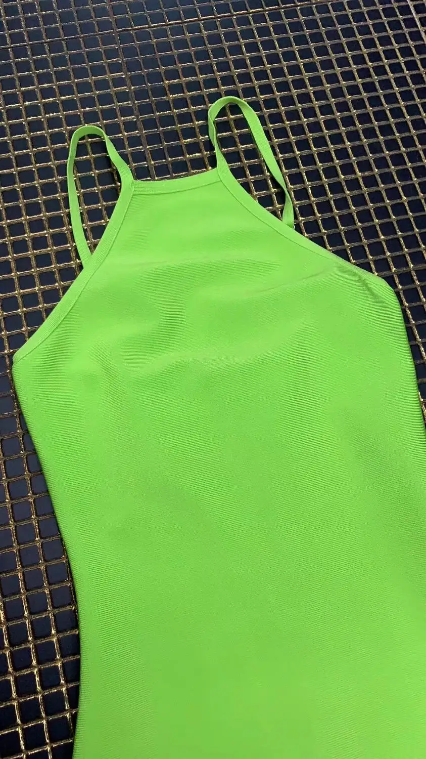 

Spring Women Fashion Sleeveless Spaghettli Strap Off Shoulder Green Bandage Dress 2020 Elegant Female Bodycon Party Dress Vestid