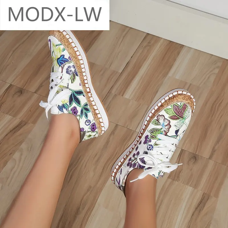 

New popular women's shoes fashion color matching printed lace-up flat shoes casual shallow mouth comfortable women's sports shoe