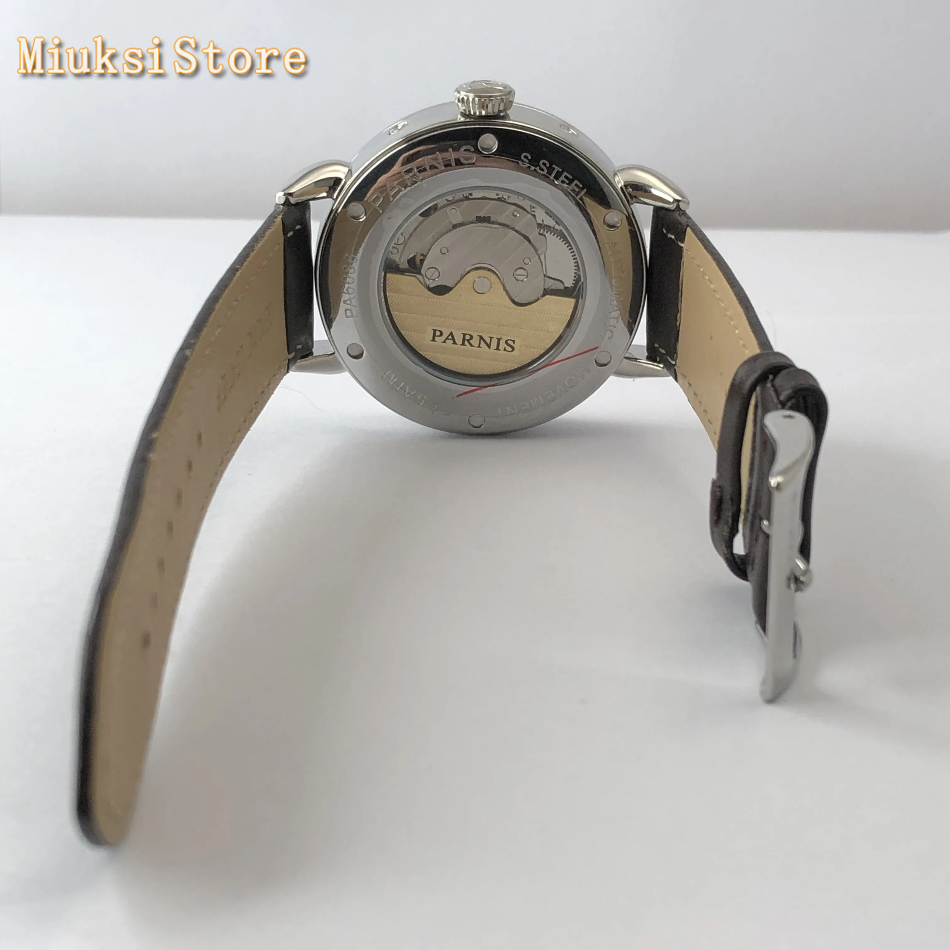 Мужские автоматические механические часы Parnis серебристые кожаные 42 мм с