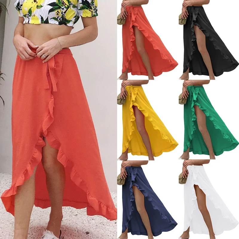 

Женская юбка с оборками на шнуровке, пикантная юбка с высокой талией и разрезом, праздничная пляжная юбка