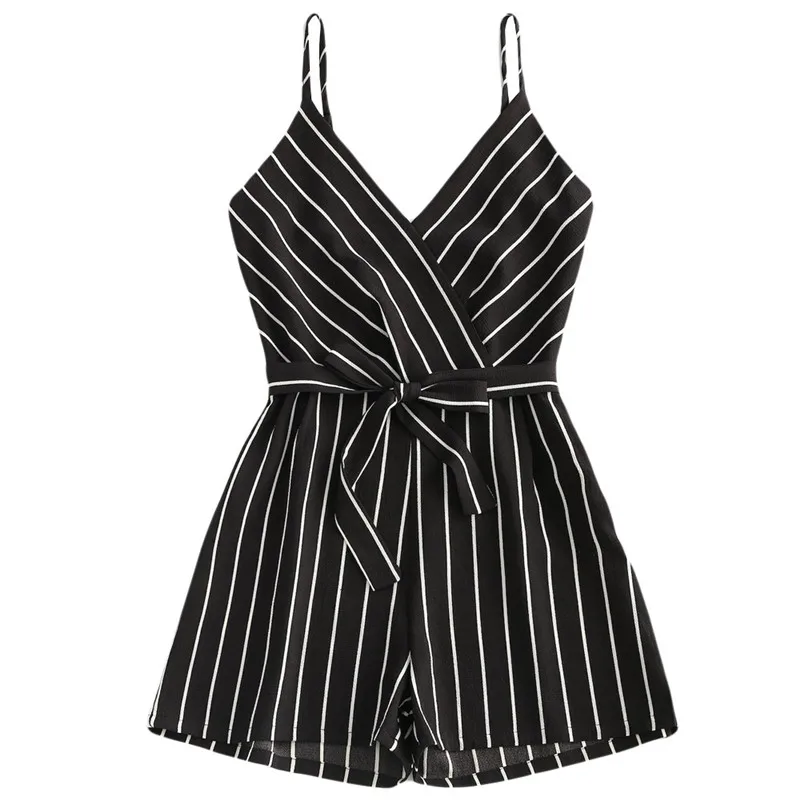 

Fashion Striped Cami Belt Loose Cotton Overalls For Women Summer Sleeveless Strappy Short Jumpsuit Romper Large Size 72#45