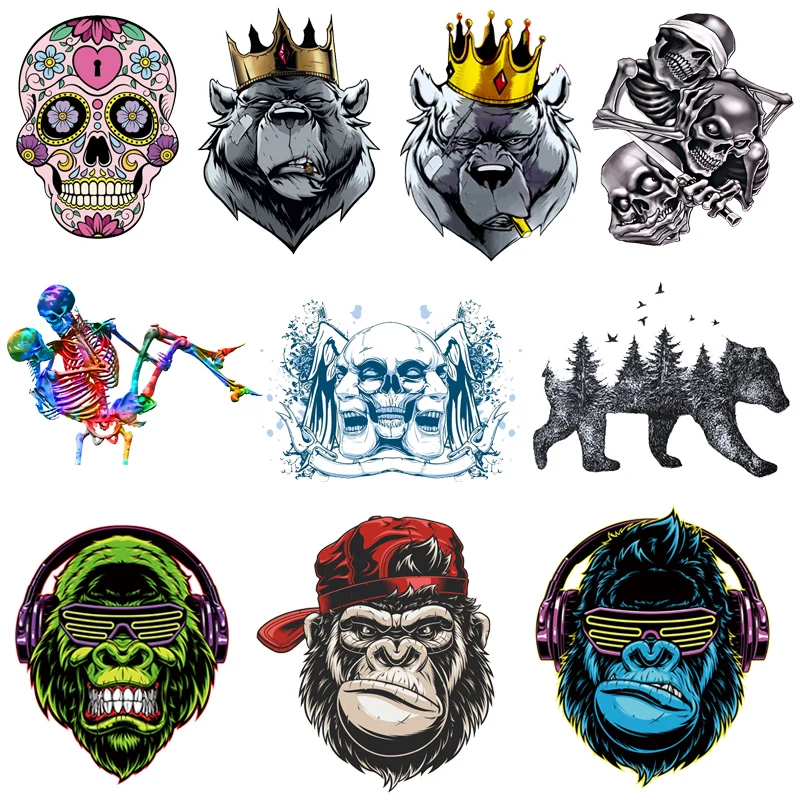 

Prajna Iron On Transfers For Clothing Skull Patch Heat Transfer Vinyl Punk Bear Orangutan Thermal Stickers On Clothes Applique