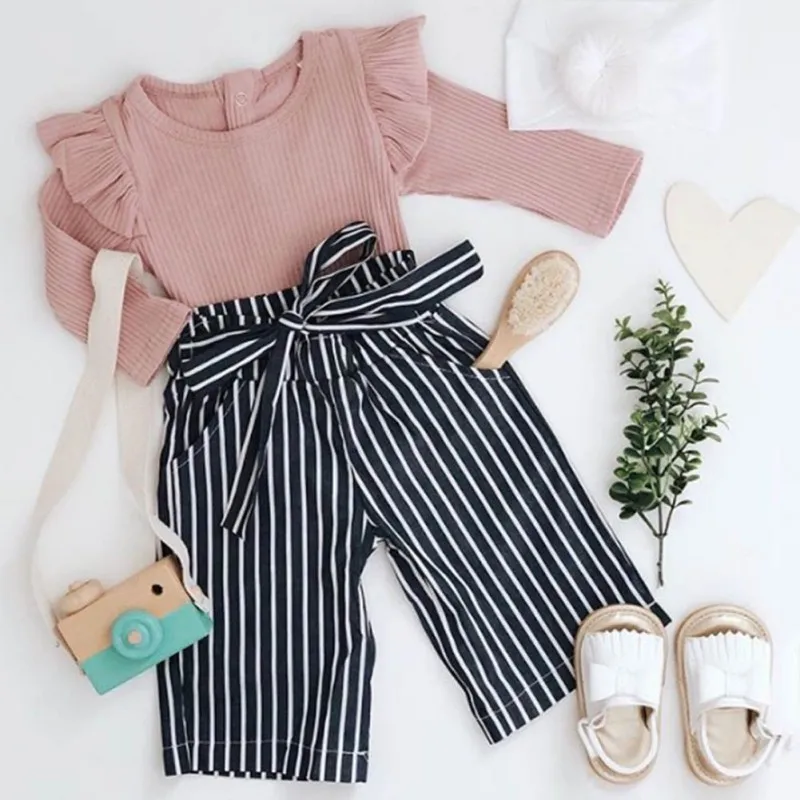 

Infant Autumn Baby Girls Adorable Beauty Cute Long Sleeve Romper Tops Stripe Print Trousers Outfits Clothes Set For Baby