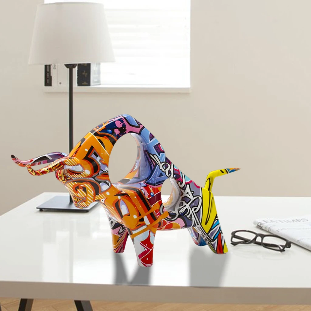 

Resin Modern Bull Sculpture Ox Figurine Animal Graffiti Cattle Statue Crafts