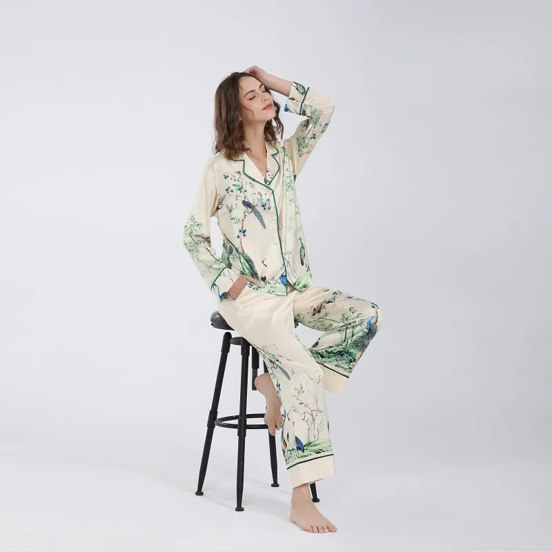 Silk Bird Singing and Flower Fragrance Pattern Pajamas Women's Long Sleeved Trousers Ice and Snow Silk Two-piece Set