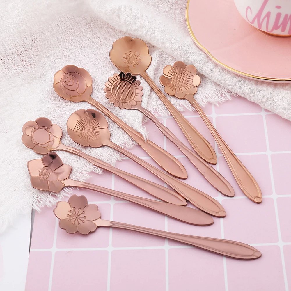 8PCs/ Set Cherry Blossoms Stainless Steel Tea Coffee Spoon Teaspoons Ice Cream Sugar Flatware Gold Kitchen Tableware | Дом и сад
